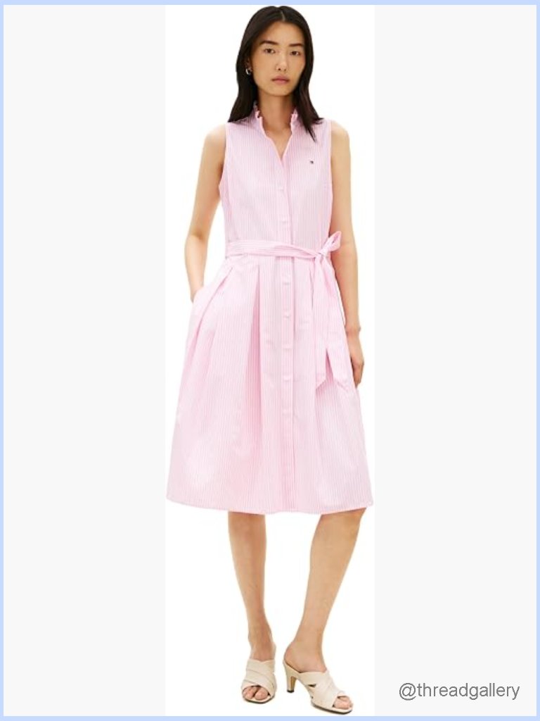 Sleeveless Cotton Shirt Dress With Button Front & Waist Tie